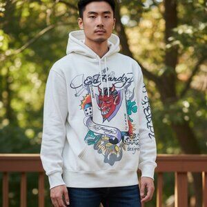 NEW Ed Hardy Tattoo Hoodie Men's Size XL White Joker Skeleton Skull